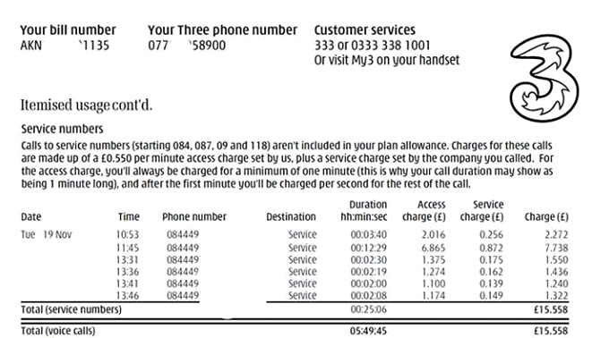 Real Example of Bill showing Access Charge - applied by Three Mobile